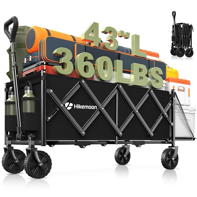 Hikemoon 43'' Extra Long Collapsible Wagon with Extended Tailgate, 360LBS Heavy Duty Wagons Carts Foldable, Portable Folding Outdoor Utility Cart for Grocery, Shopping, Garden, Camping, Black