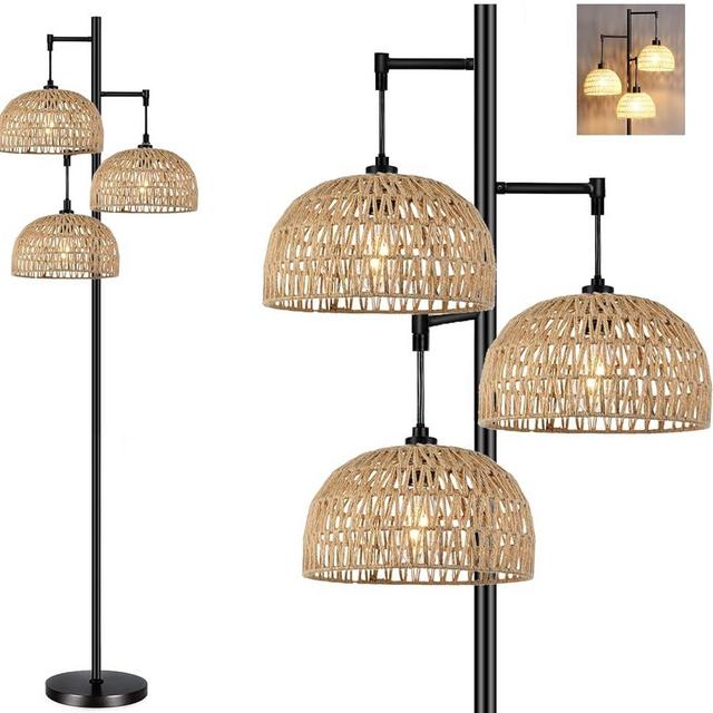 QIYIZM Floor Lamp for Living Room,Bedroom,3-Lights Boho Rattan Floor Lamps,Tree Farmhouse Industrial Black Standing Lamp Wicker Rustic Adjustable Tall Lamp,Woven Bamboo LampShade Floor Light Bohemian