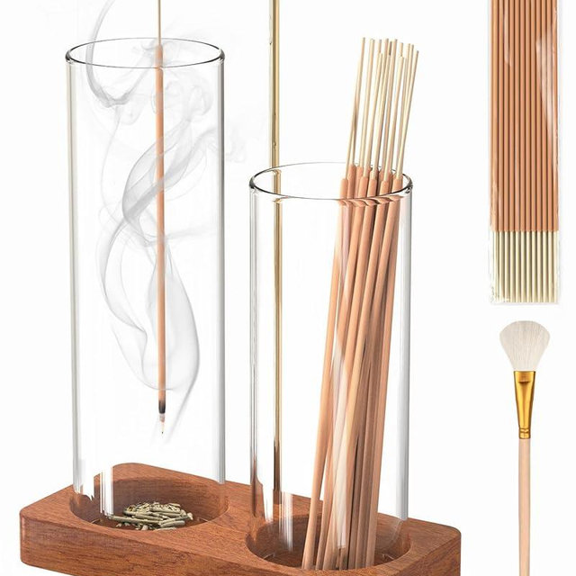 Incense Holder, Large 2 in 1 Incense Sticks Holder, Upside Down Wooden Incense Burner Holder with Glass Ash Catcher & Incense Storage for Meditation Yoga Spa Home Decor, with 20 Incense Sticks & Brush