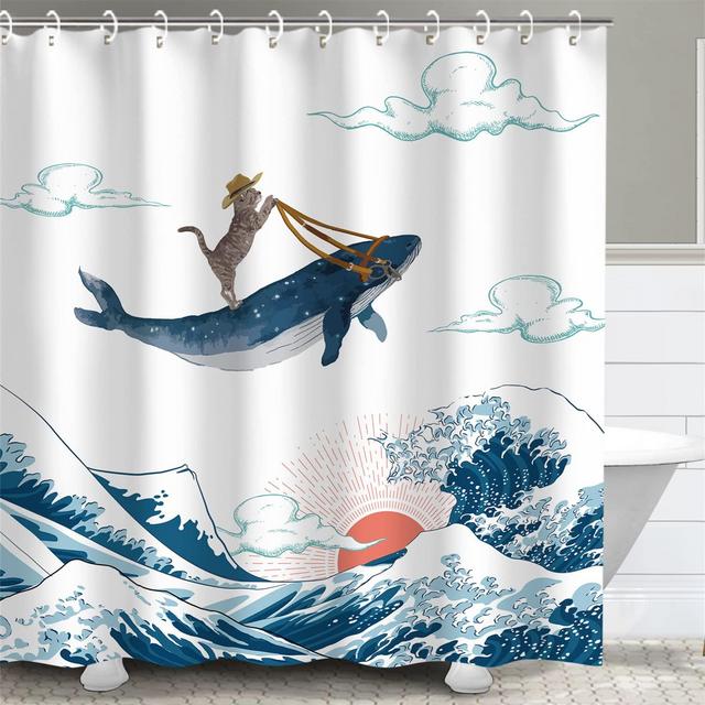 RosieLily Funny Shower Curtain, Cat Shower Curtains Set with 12 Hooks, Cat Riding Whale Shower Curtain, Sea Bathroom Decor, 72“x72''