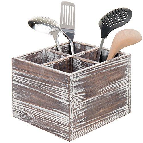 Rustic Torched Wood Kitchen Cooking Utensil Holder, 4-Compartment Flatware Caddy