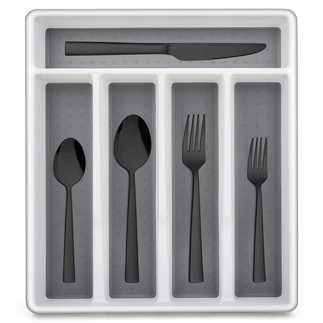 LIANYU 40-Piece Black Silverware Set with Tray, Stainless Steel Square Flatware Cutlery Set for 8, Black Eating Utensils for Home Restaurant, Dishwasher Safe, Mirror Finished