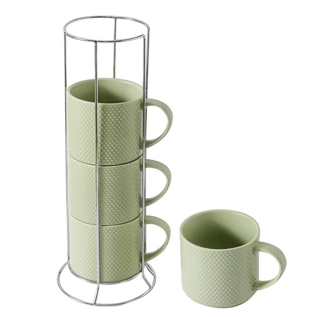 Hasense Coffee Mugs Set with rack, 15 Ounce Porcelain Stackable Large Coffee Cups Set of 4 with handle for Drinks Like Tea, Cappuccino, Milk, Mocha and Cereal, Microwave & Dishwasher Safe, Green