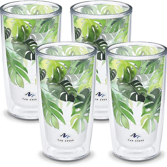 Tervis Made in USA Double Walled Yao Cheng Green Crystal Insulated Tumbler Cup Keeps Drinks Cold & Hot, 16oz 4pk, Philodendron