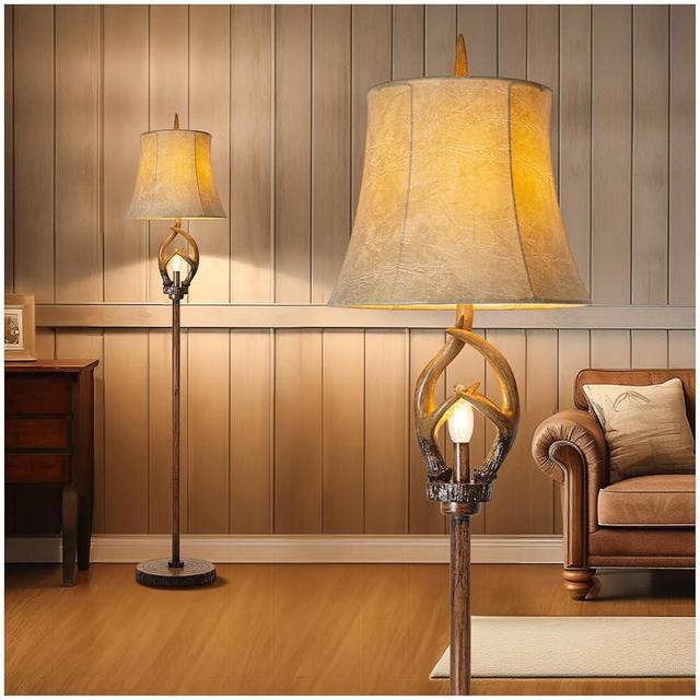 Rustic Farmhouse Antlers Floor Lamp with Night Light Faux Leather Bell Shade Brown Finish Tall Industrial Tall Standing Lamp Decor for Living Room Bedroom Hotel Office (LED Bulb Included)