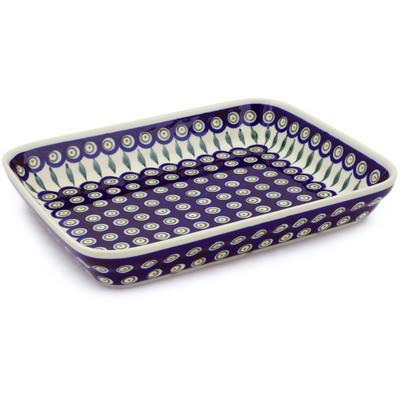 Polish Pottery 12" Rectangular Baker Peacock Leaves