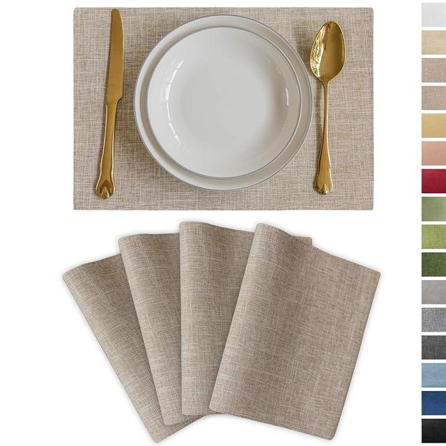 Demetex Burlap Placemsts Set of 4 Heat Resistant Decorative Cloth Place Mats Wipeable Lined Linen Table Plate Mats for Party Dinner Gathering, Burlap