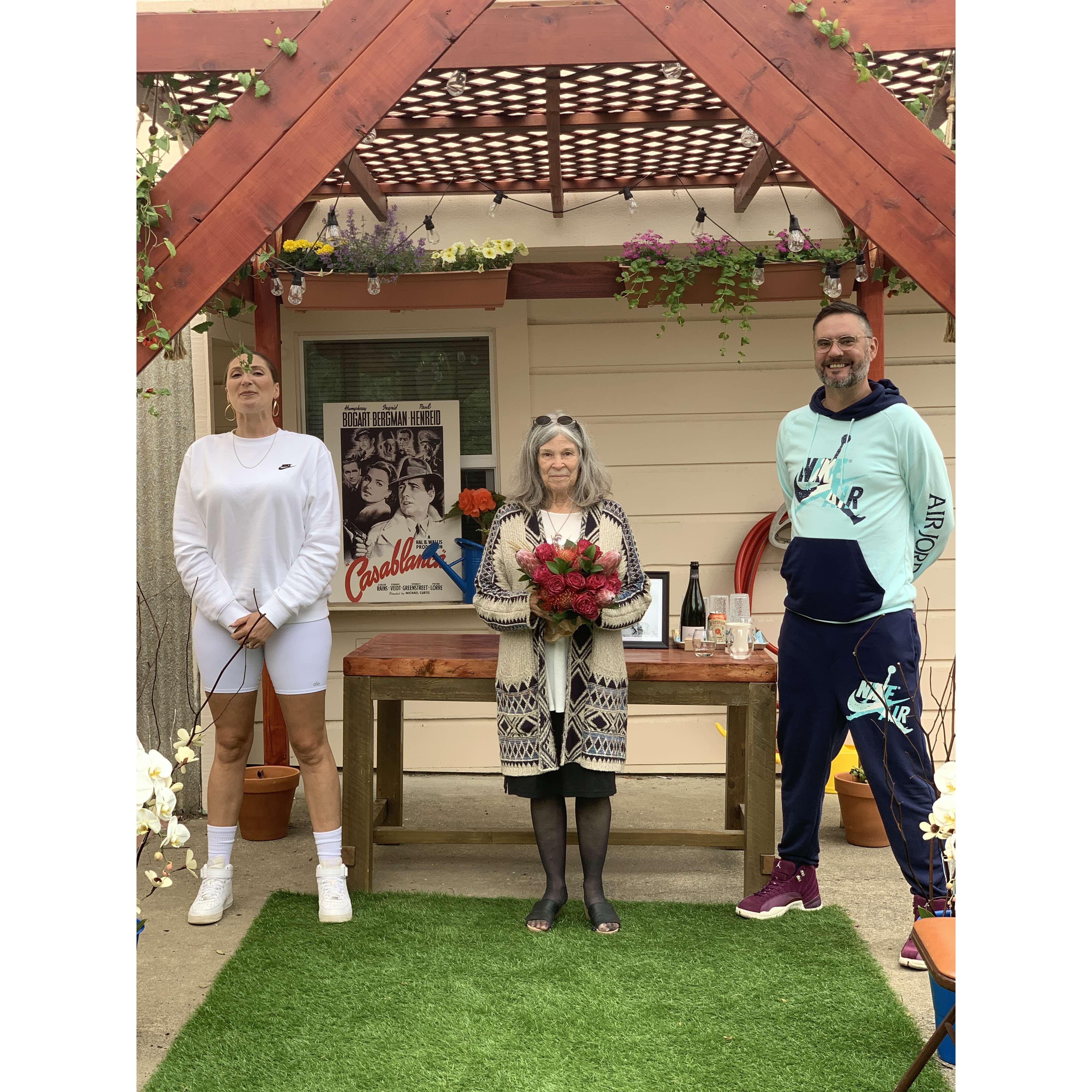 The happy couple with Emily's mama, Miriam