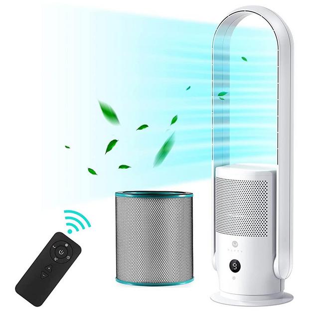 ULTTY Bladeless Tower Fan and Air Purifier in one, True HEPA Filter 99.97% Smoke Dust Pollen Dander, Oscillating Tower Fan with Remote Control R22, White