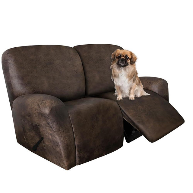 ANARACHON Leather Look Loveseat Recliner Covers Stay in Place 6-Piece Recliner Sofa Slipcover 2 Seater Reclining Couch Cover Furniture Protector Spandex Fabric Washable (Recliner Loveseat, Brown)