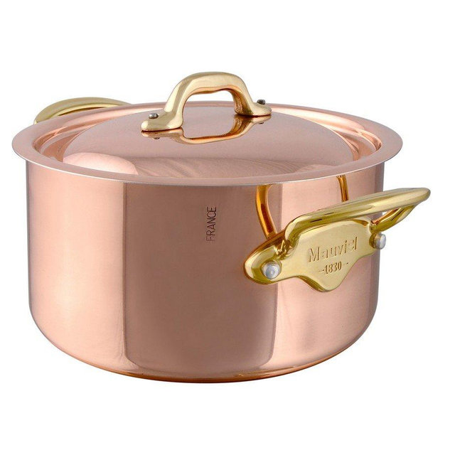 Mauviel M'Heritage 150 B 1.5mm Polished Copper & Stainless Steel Stewpan With Lid, And Brass Handles, 0.9-qt, Made in France