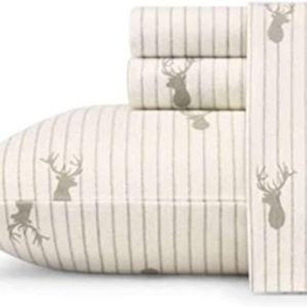 Eddie Bauer - Flannel Sheets King Size, Anti-Pilling & Wrinkle Resistant Cotton, Touchably Soft for All-Season Comfort - Bed Sheets with Matching Pillowcase & Fitted Sheet (Deer Lodge Beige)