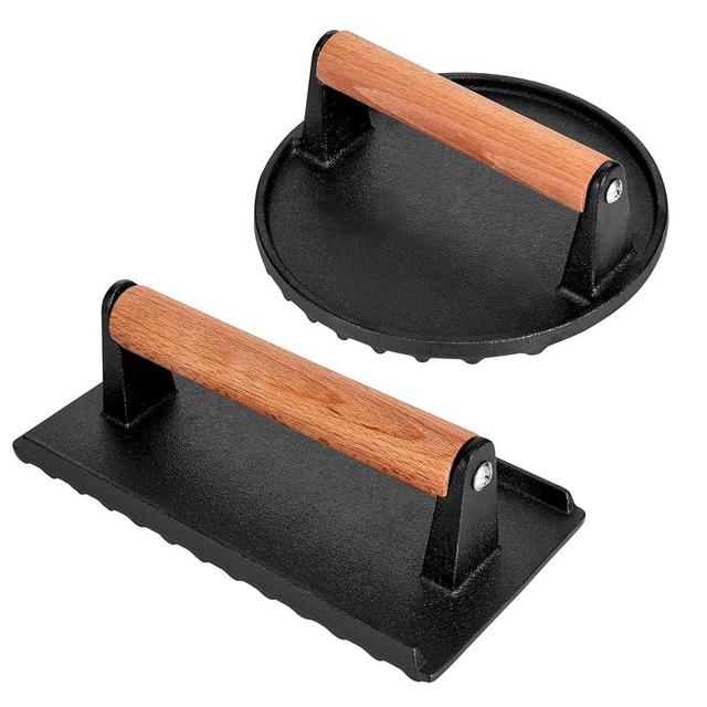 Blackstone Burger Press 7” Round Cast Iron Smash Bacon Press & 8.3”X4.3” Rectangle Cast Iron Grill Press With Wooden Handle for Blackstone Griddle, Ideal for Panini, Steak & Sandwiches, Nonstick Pan