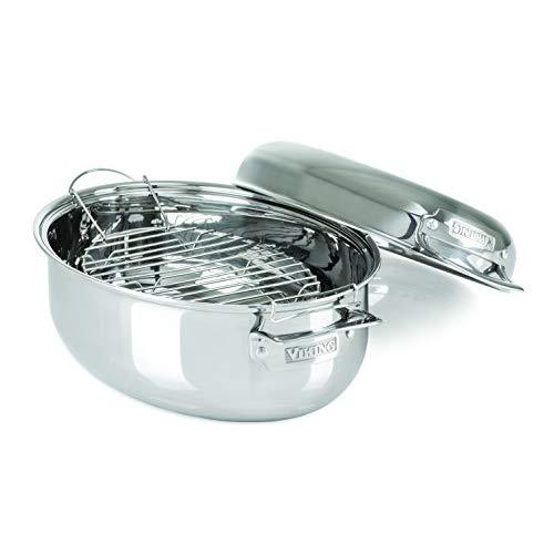 Viking 3-Ply Stainless Steel Oval Roaster with Metal Induction Lid and Rack, 8.5 Quart