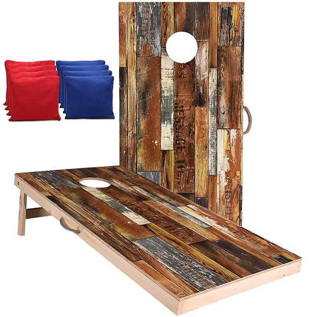 Welldo Sports 4x2 Feet Regulation Wood Cornhole Boards, Both Sides Printed Vintage Wood Grain Cornhole Set with 8 Cornhole Bean Bags for Indoor Outdoor Cornhole Toss Games