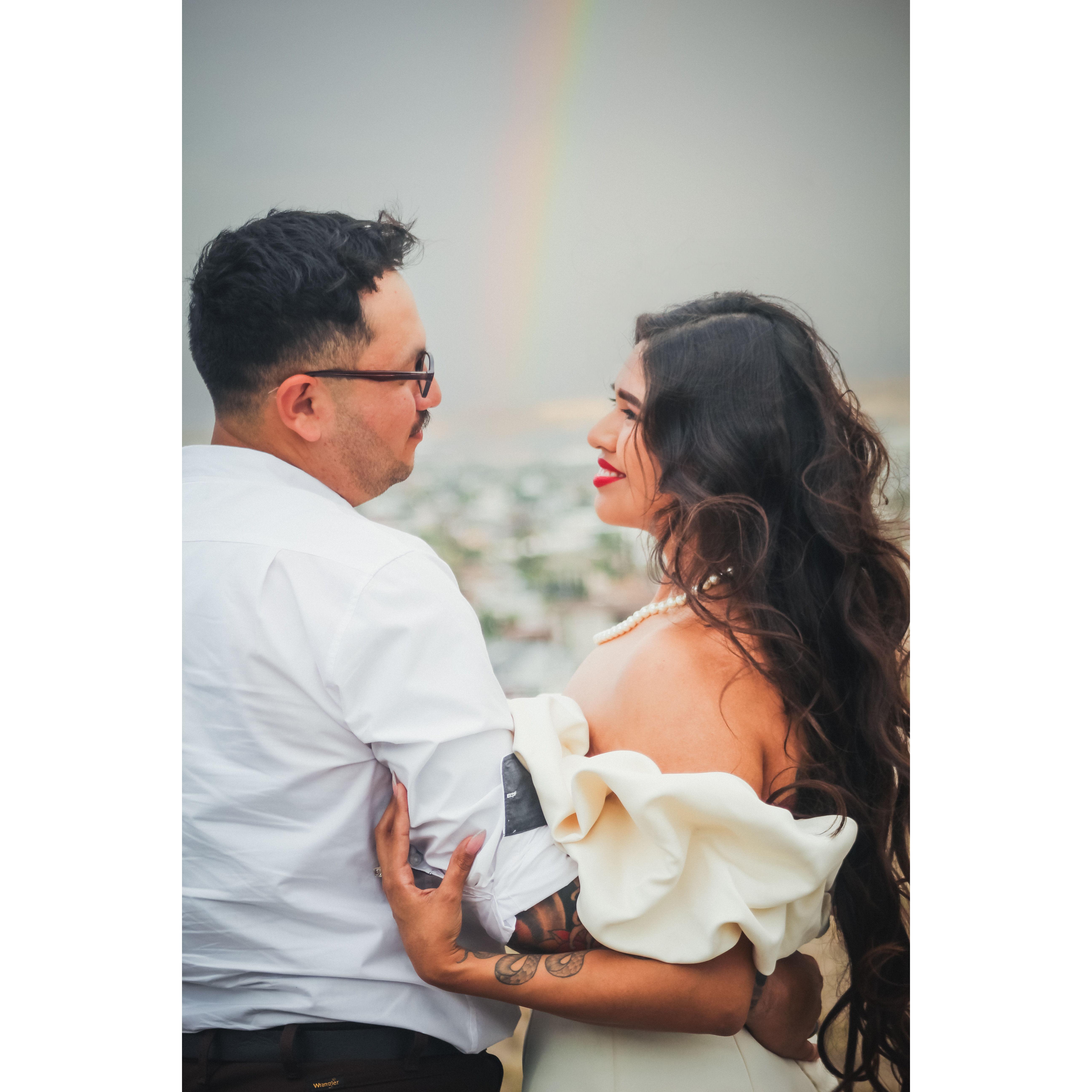 The time the rainbow came out to congratulate us on our engagement. Picture taken by our Sister-in-Law Cynthia.