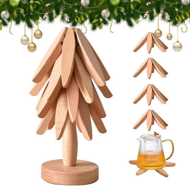 Wooden Trivets for Hot Dishes, Tree Shape Trivet Set, Foldable Kitchen Wooden Trivets, Tree Coaster for Hot Dishes、Pot、Bowl、teapot、hot Pot Holders (4 Piece-Original Wood)