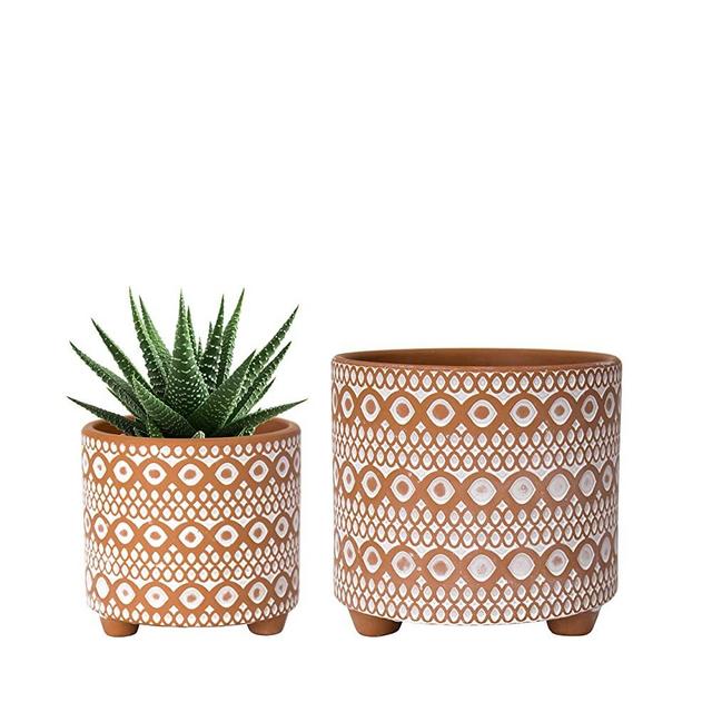 Set of 2 Planter Pots, 4 Inch & 6 Inch, Modern Design Ceramic Plants Pot with Drainage Hole, Terracotta/White, A-953-B-1