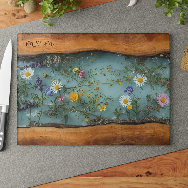 Glass Charcuterie Board, Mom Cutting Board, Maple Wildflower Design, Housewarming Kitchen Decor Mothers Day Christmas Gift, 0531