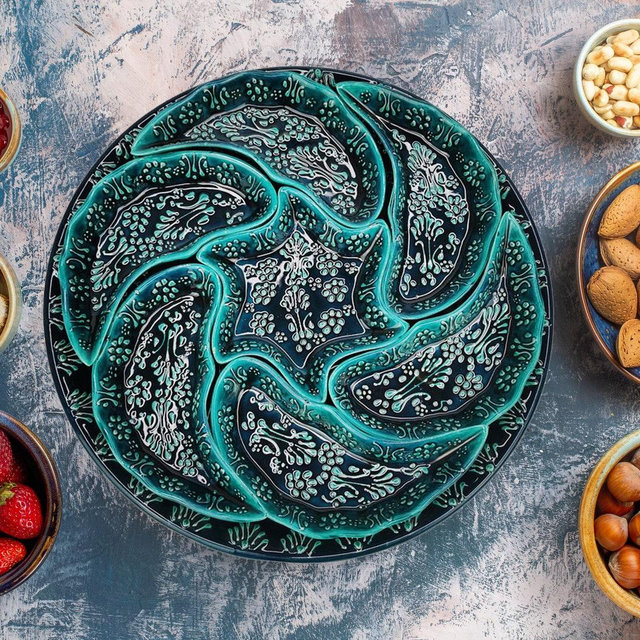Teal Ceramic Snack Serving Set, Handmade Turkish Platter, Pottery Bowl and Plate, Large ceramic dinner set or Breakfast set, Dining Set Gift