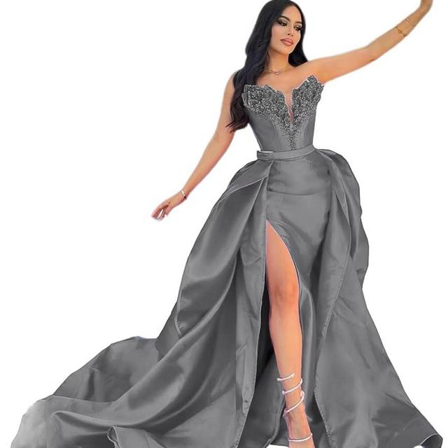 zcbang Satin Prom Dresses for Women 2024 Beaded Strapless Mermaid Formal Gowns and Evening Dresses