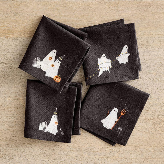 Scary Squad Organic Cotton Cocktail Napkins, Mixed Set of 4 - Black 