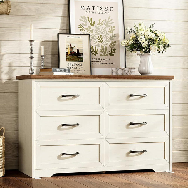AODK Farmhouse 6 Drawer Dresser for Bedroom, 47” Wide Rustic Storage Dresser with Solid Wood Frame, Anti-Tip Safety Chest, American Country Bedroom Furniture, Walnut & Vintage White