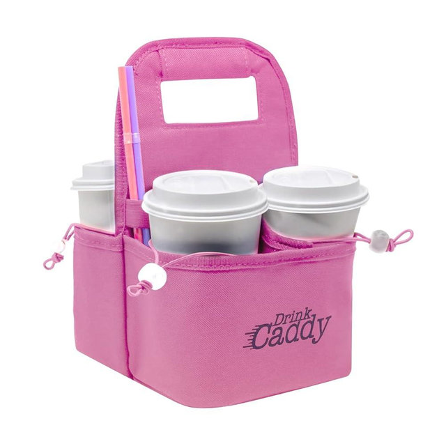 Drink Caddy Portable Drink Carrier and Reusable Coffee Cup Holder - 4 Cup Collapsible Tote Bag with Organizer Pockets Safely Secures Hot and Cold Beverages (Pink)
