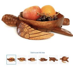 Wooden Hand Carved Turtle Bowl – Decorative Fruit Dish, Rustic Coastal Ocean-Inspired Tabletop Centerpiece, Handmade Animal Shaped Wood Serving Tray, Artisan Beach House Decor Accent Turtle Bowls