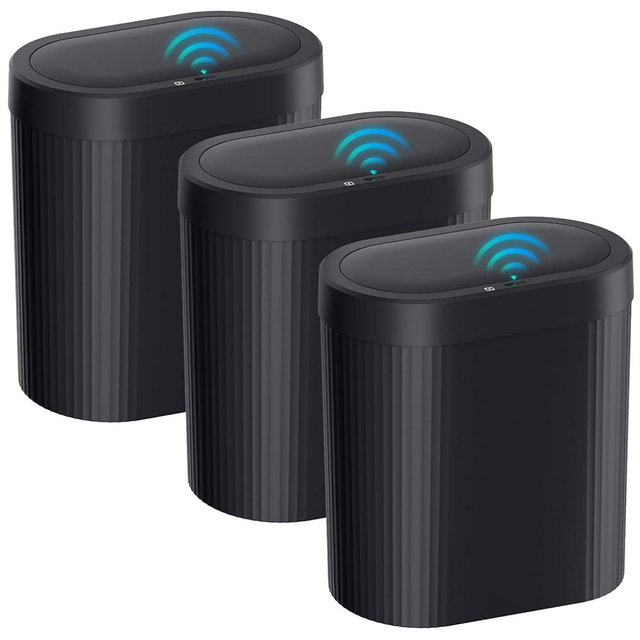 jinligogo 3 Pack 5 Gallon Bathroom Trash Can with Lid, Automatic Motion Sensor Black Trash Can, Touchless Slim Waterproof Garbage Bin for Kitchen, Bedroom, Office, and Bathroom