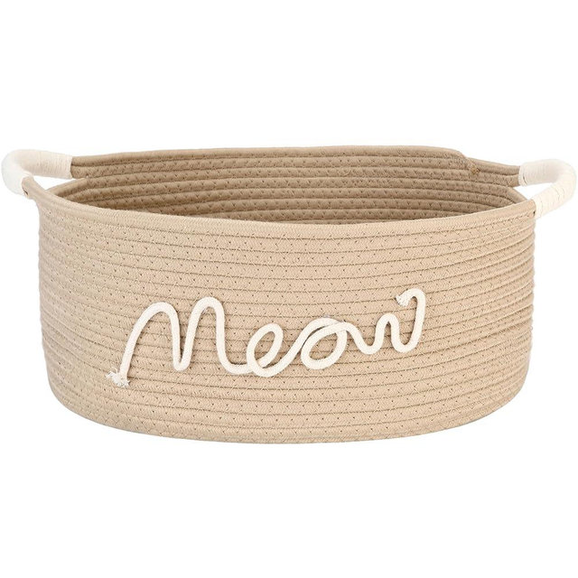 Sea Team Cat Toy Storage Basket with Handles, 16.5 x 11 x 7 Inches, 4.4 Gallons Large Cotton Rope Storage Bin, Shelf Basket, Organizer for Pet Chew Toys, Foods, Beige Meow
