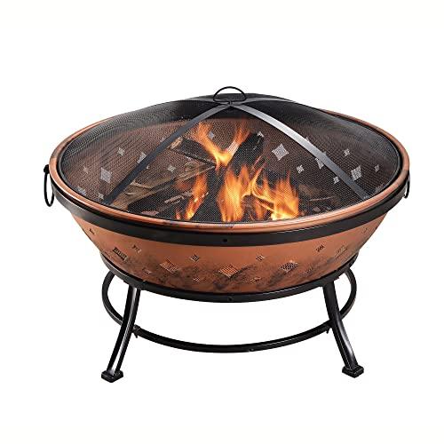 Peaktop FP35 Steel Wood Burning Fire Pit Outdoor Garden Round, 39.4", Copper