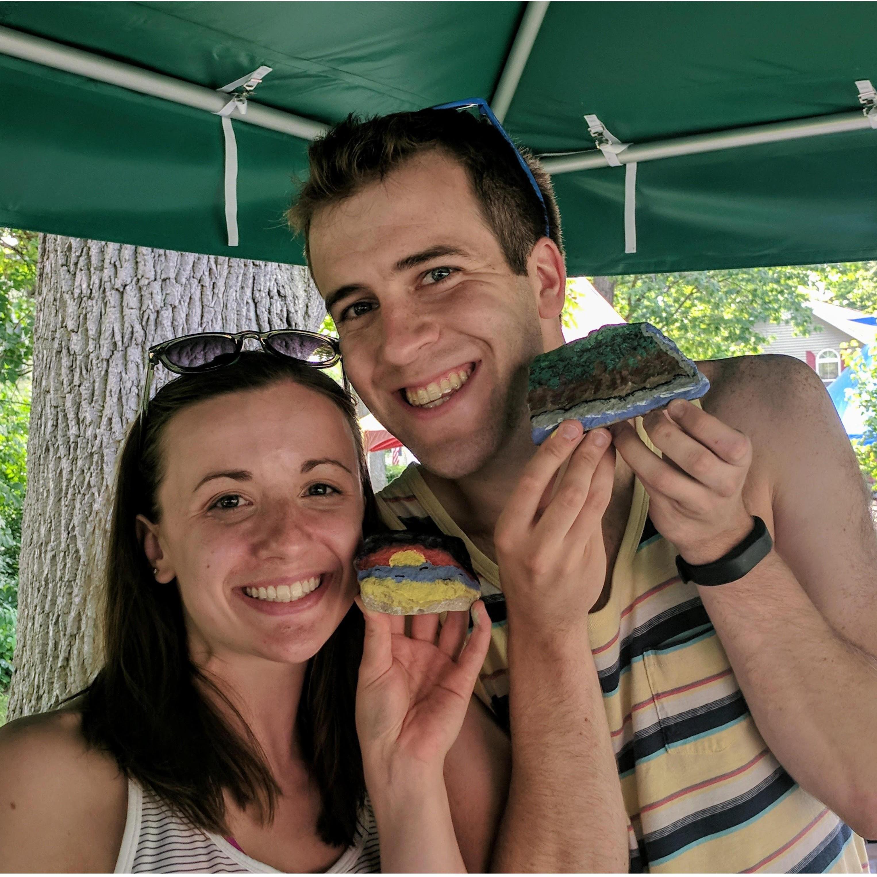 Learning the Crook family traditions: Painting rocks at Lakeside!