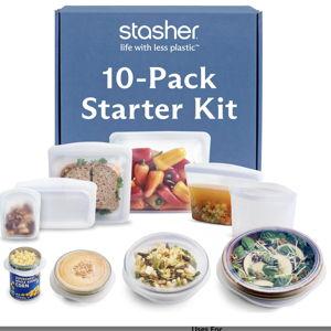 Stasher Silicone Reusable Storage Bags & Stretch Lids, 10-Pack Starter Kit, Reusable Freezer Bags, Microwave, Dishwasher, Oven Safe, Sous Vide, Lunch Containers, Eco Friendly, Food Storage Bags, Clear | Reusable Food Bags