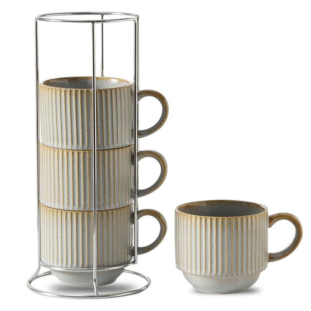HASENSE Coffee Mug Ceramic Set of 4 with Stand - 15 oz Rustic Farmhouse Stackable Ribbed Latte Cup Set for Cappuccino, Tea, Hot Cocoa, Drinks - Dishwasher & Microwave Safe, Lavender Gray