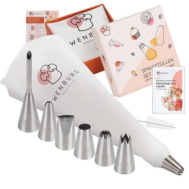 Wenburg Large Piping Bags and Tips Set - 7 Large Icing Tips for Cake Decorating - Cotton Icing Bag - Coupler I Professional Cupcake, Decorating Piping Tips (Premium)