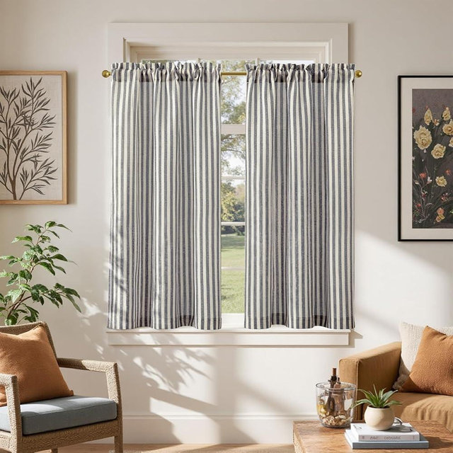 jinchan Linen Kitchen Curtains 45 Inch Length Striped Tier Curtains Ticking Stripe Small Drapes for Living Room Bathroom Cafe Small Window Farmhouse Rustic Pinstripe Rod Pocket 2 Panels Black