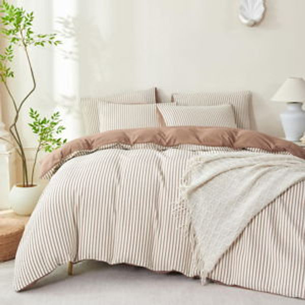 Mocha Brown Comforter Queen Set Striped Soft Washed Microfiber Jacquard 3 Pieces Striped Bedding Sets Mocha Brown White Comforter Queen for All Seasons and 2 Pillowcases Comfort Breathable