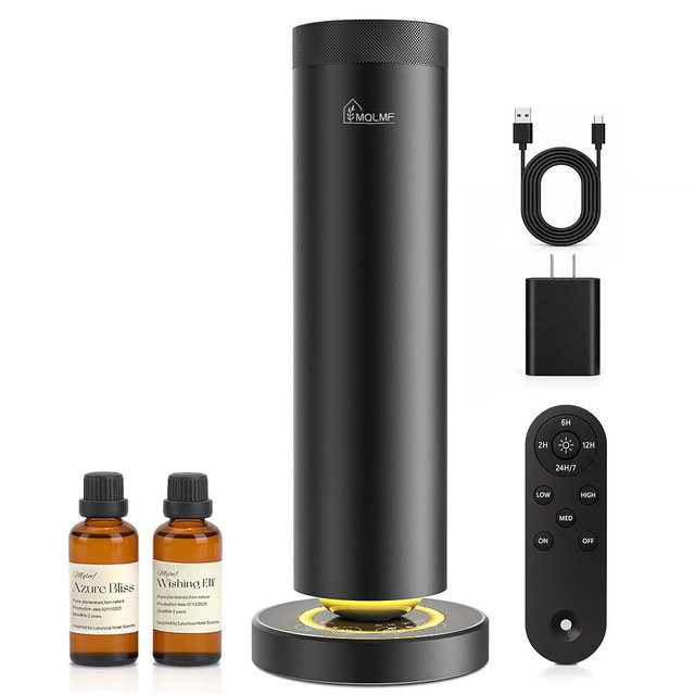 Waterless Diffuser,1500 Sq Ft,Ring Ambient Light,USB Plug-in & Rechargeable,Aluminum,Remote Control&Touch Buttons,Adjustable Fragrance&Timer,Hotel Collection Scent Machine - Satin Black