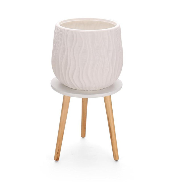 Yaghpy Planter Pot with Stand - 10 Inch Plastic Cylinder Flower Pot with H:12 Inch Wood Planter Holder for Indoor/Outdoor,Nordic Style, White Pot +Natural Stand