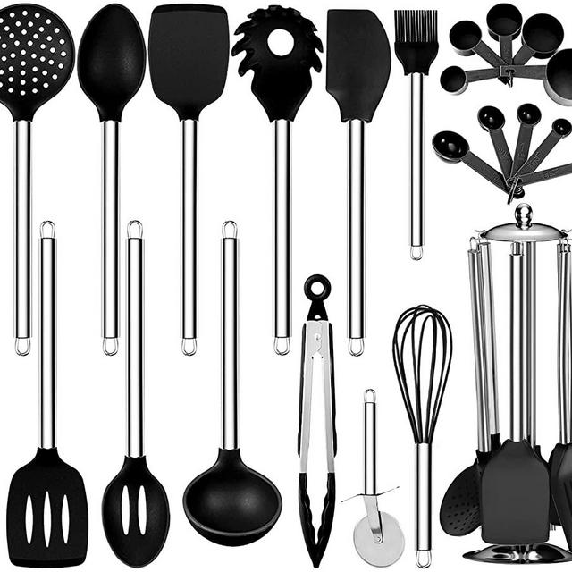 Oyydecor Silicone Kitchen Cooking Utensil Set ,23PCS Silicone Kitchen Utensil Set Non-Toxic And Non Stick Cookware with Utensils Holder, BPA-free Safety Kitchen Utensils Set (Black)