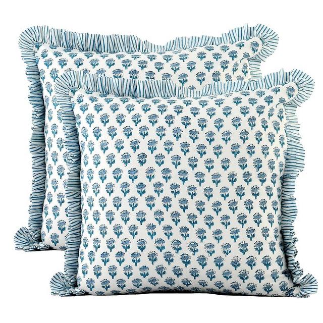 CPC Apatite Blue Ruffle Throw Pillow Covers for Couch, 18x18 Inch Cotton Stripe Ruffle Couch Pillows for Living Room, Hidden 14 Inch Zipper Boho Pillow Case or Cute Outdoor Pillows
