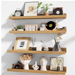 Heimlove Picture Ledge Shelf,24 inch Long Floating Shelves for Wall Set of 4,Picture Shelf with Lip for Wall Decor,Living Room,Bedroom,Bookshelf,Nursery,Perfume,Oak Color