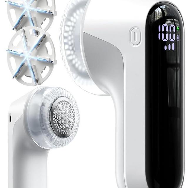 Fabric Shaver, Rechargeable Lint Shaver with Digital Display, Electric Portable Sweater Shaver with 6-Leaf Blades and Safety Lock, 3-Speeds Lint Remover to Remove Pilling for Clothes, Furniture White