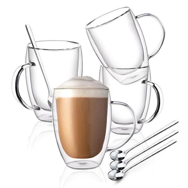 FULGNU Double Wall Glass Coffee Mugs, Glass Coffee Mugs with Handle, Insulated Clear Coffee Mugs Set of 4, Perfect for Espresso, Cappuccino, Latte, Americano, Tea Bag, Beverage -12 Ounces