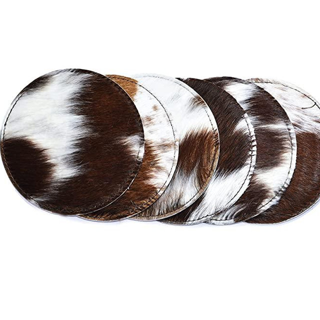 NGF Cowhide Coaster Set of 6 pcs Natural Cowhide Drink Coasters Hair On Round Coasters Leather Tea Cup Coasters Home Decor & Home Living Ideas Multicolor 4.5 x 4.5 x 0.5 inches