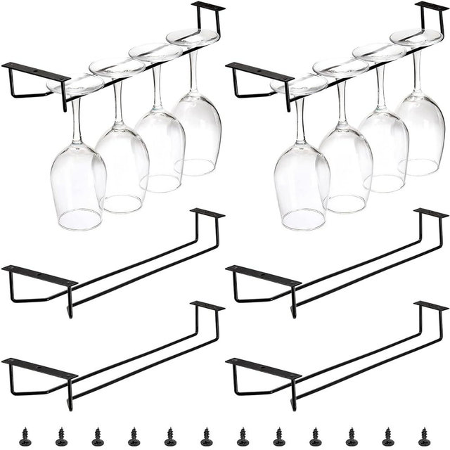 Dicunoy 6 Pack Black Wine Glass Rack, 14 Inch Under Cabinet Stemware Holder, Wall Mounted Iron Wine Glass Hanging Rack for Shelf, Kitchen, Bar, Wine Cellar Storage, Organizer, Display