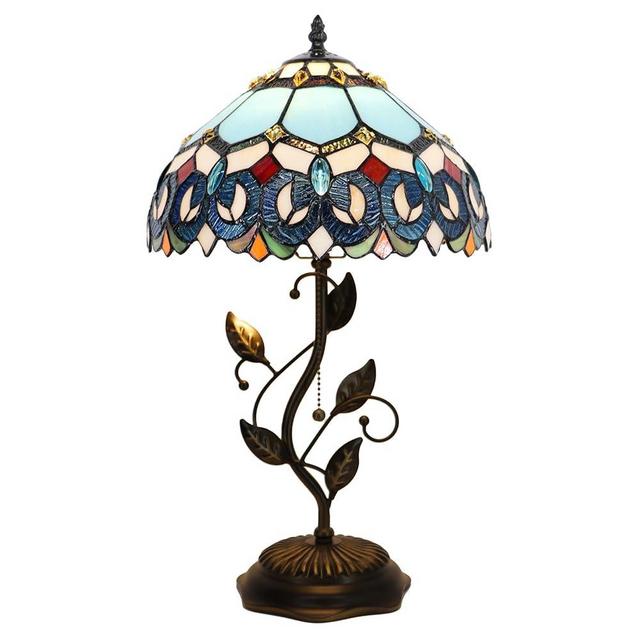 LXHCYOU Tiffany Table Lamp, Stained Glass Desk Light, W12H19 Inch, Metal Leaf Base (Sapphire Style)