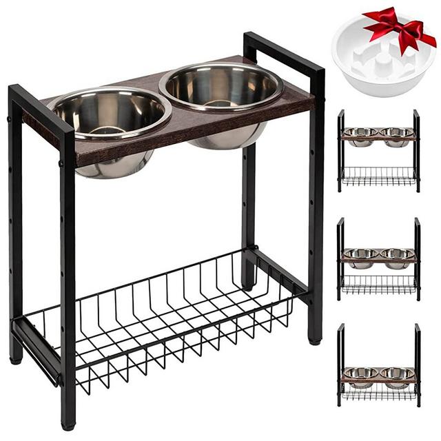 Pinzoveco Elevated Dog Bowls for Large Dogs with Slow Feeder Bowl, 4 Heights Adjustable Raised Dog Bowl Stand with Stainless Steel Dog Food Bowls & Water Bowl for Large Medium Small Dog
