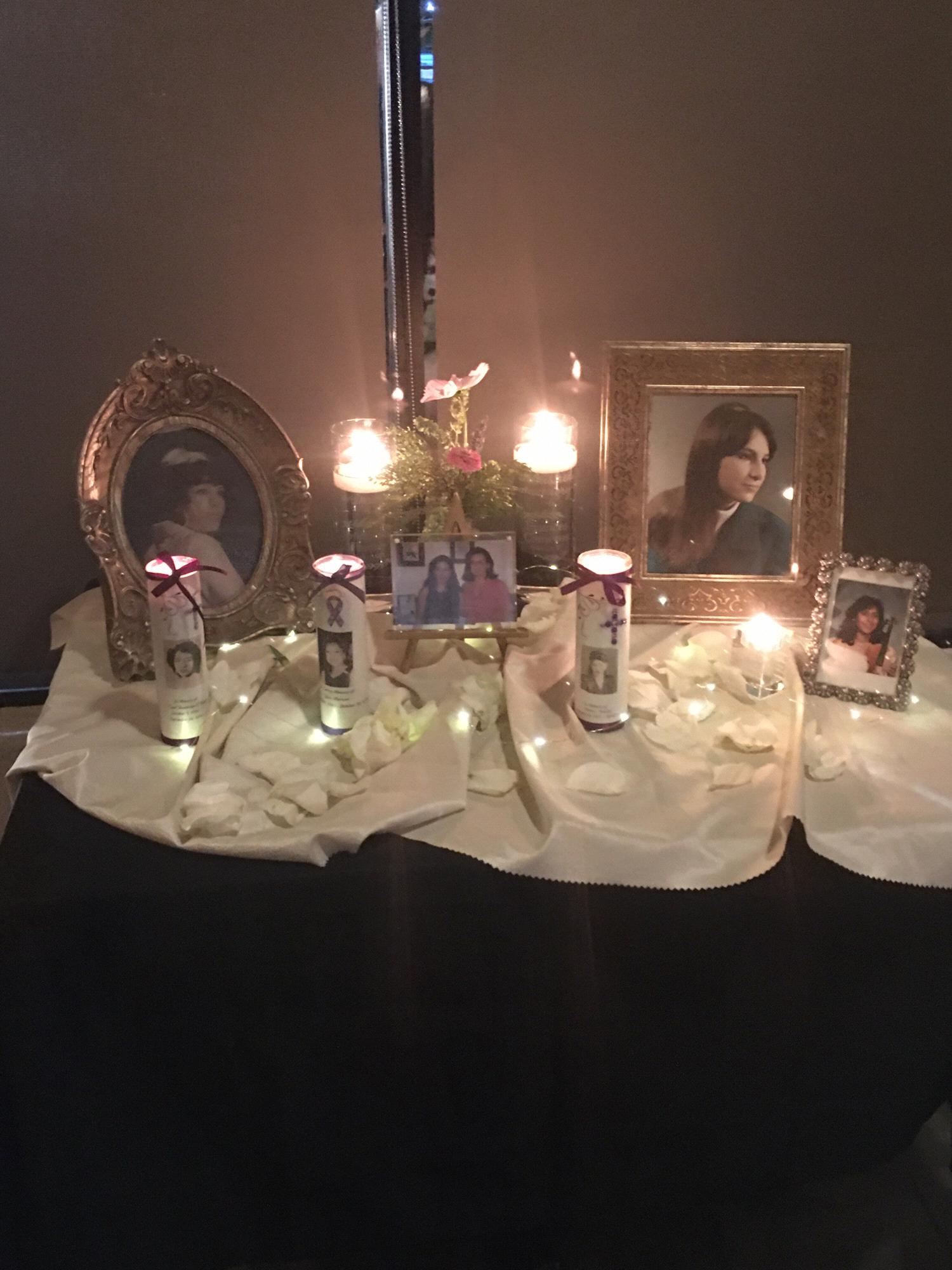 Memory Table: Socorro Iturbe (Lt), Frances Cisneros (Rt). Sister Elizabeth Cisneros (far Rt), Brides GM Petra Mireles, Great Aunt Lupe Santos, Aunt Sylvia Marcum, & cousin Jennifer Mireles